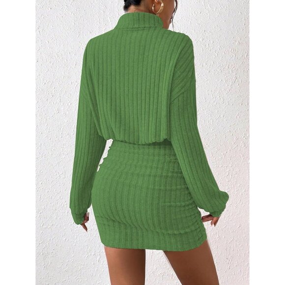 Women Pullover Light Green Sweater Dress Lantern Sleeve Turtleneck Ribbed Mini - Picture 3 of 5